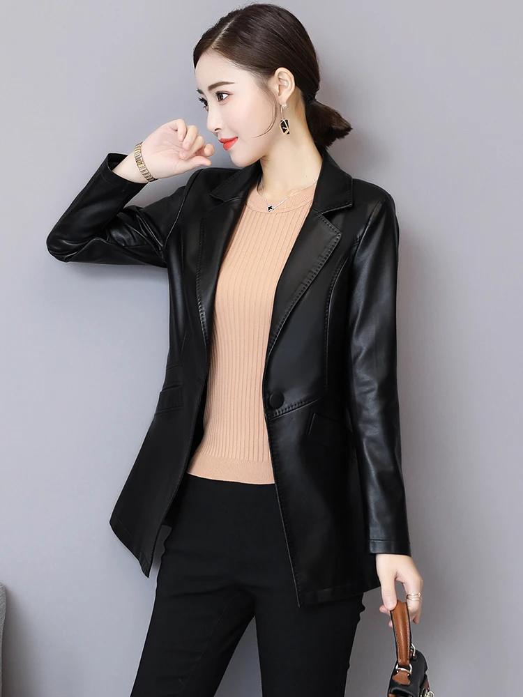 Nouveau Femmes Veste en cuir Automne Hiver Mode Classique Bouton unique Slim Blazer en cuir de mouto