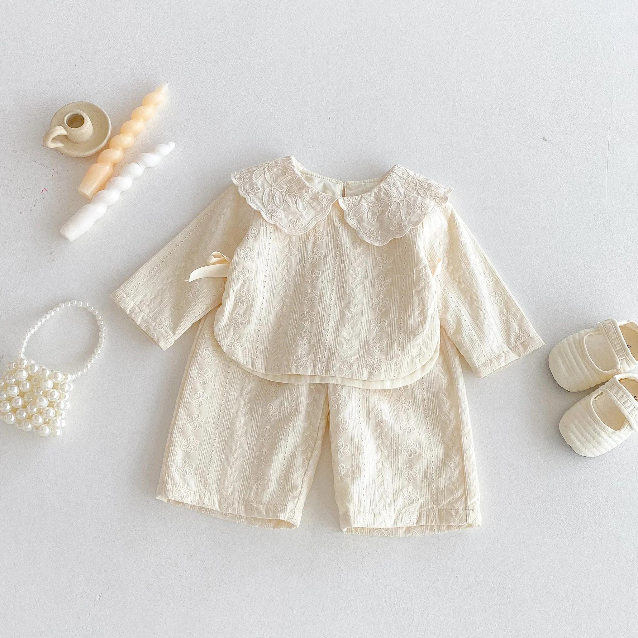 Haut à col en dentelle pour bébé fille, ensemble pantalon à jambes larges, haut à nœud pour fille d'
