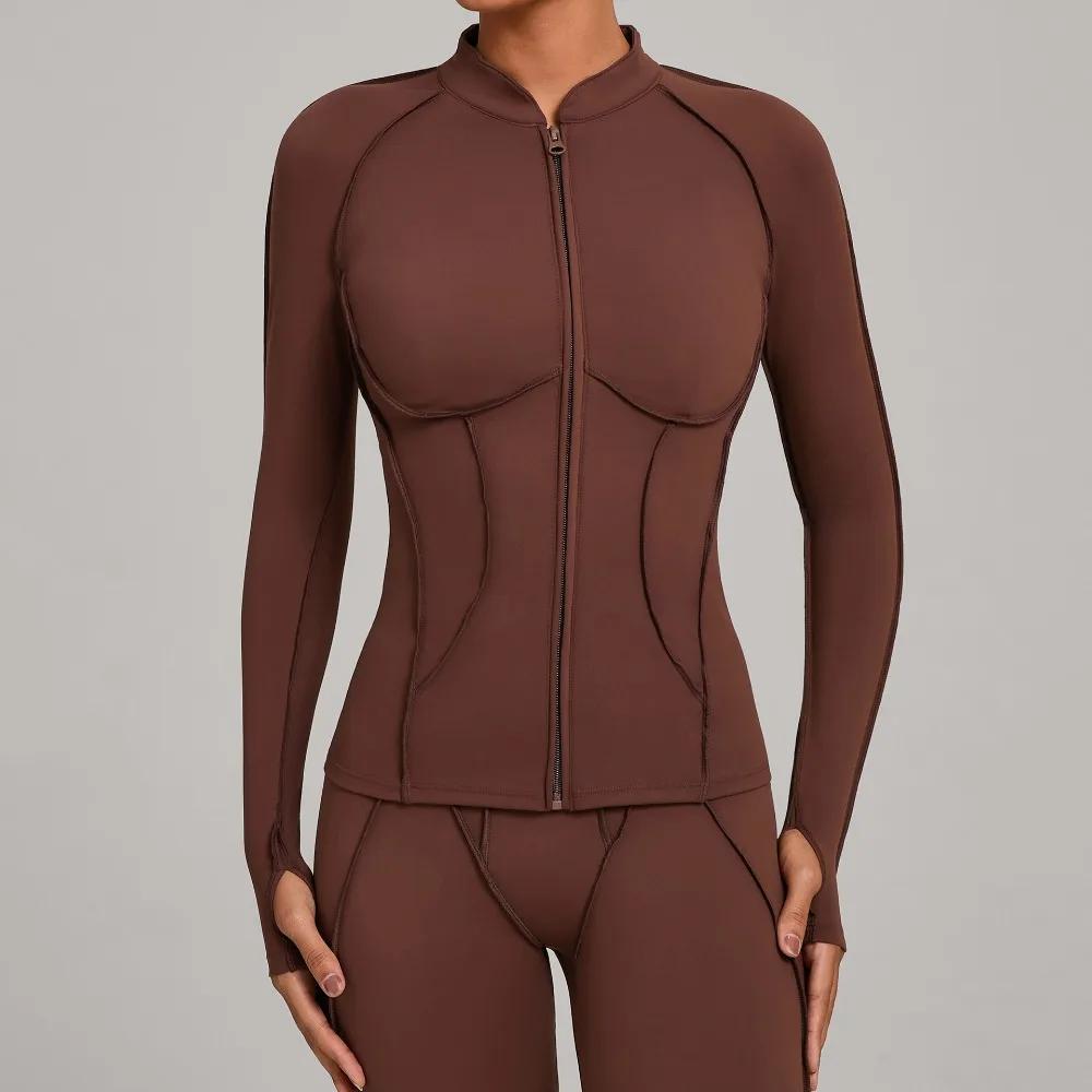 Veste de Yoga à manches longues et fermeture éclair pour femme, col montant, moulante, séchage rapid