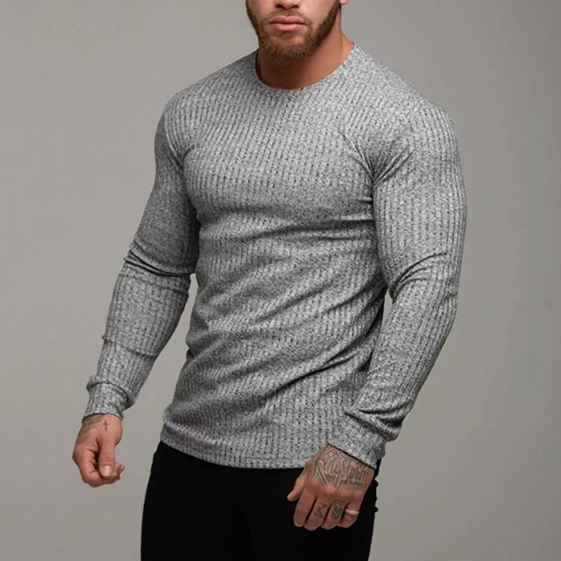 T-Shirts de gymnastique unis à manches longues pour hommes, chemises à bandes de sport ajustées, tri