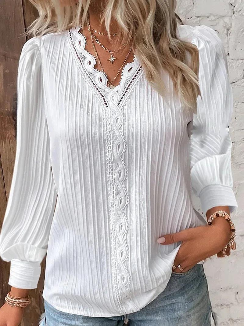 Élégant été dentelle creuse Patchwork femmes chemise Chic Blouse col en V à manches longues chemise