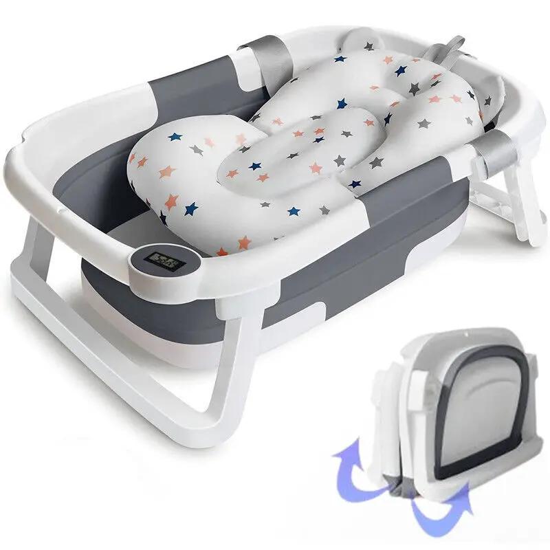 Baignoire pliable pour bébé avec capteur de température et coussin doux, en PP+TPR non toxique, bass