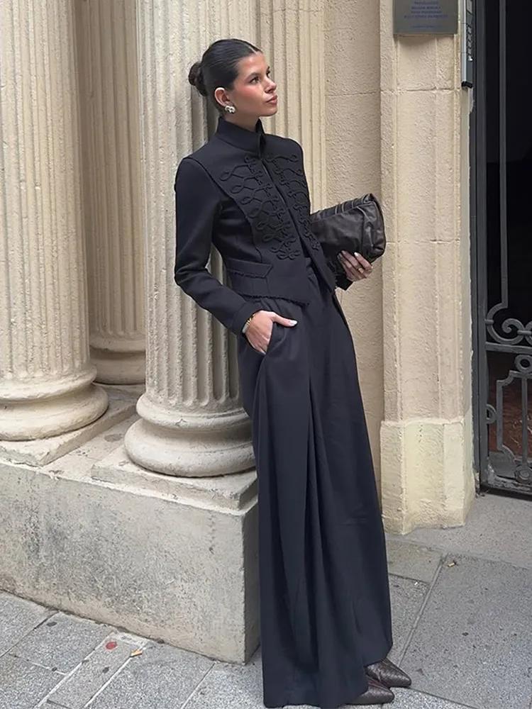 Veste Courte Napoléon Élégante pour Femme, Col Montant, Manches Longues, Coupe Slim, Manteau Noir, N