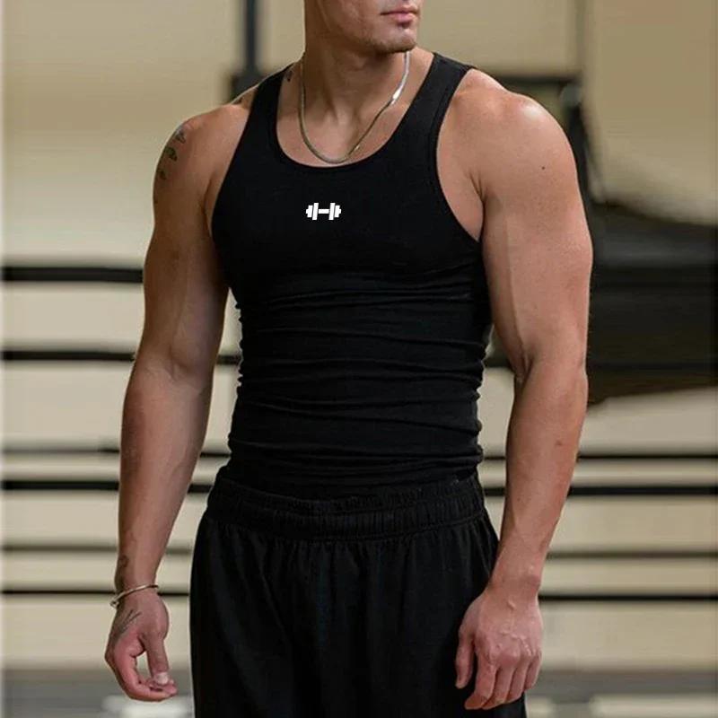 Vêtements de sport d'été pour hommes, gilets imprimés d'haltères de course, élastiques, Slim Fit, dé