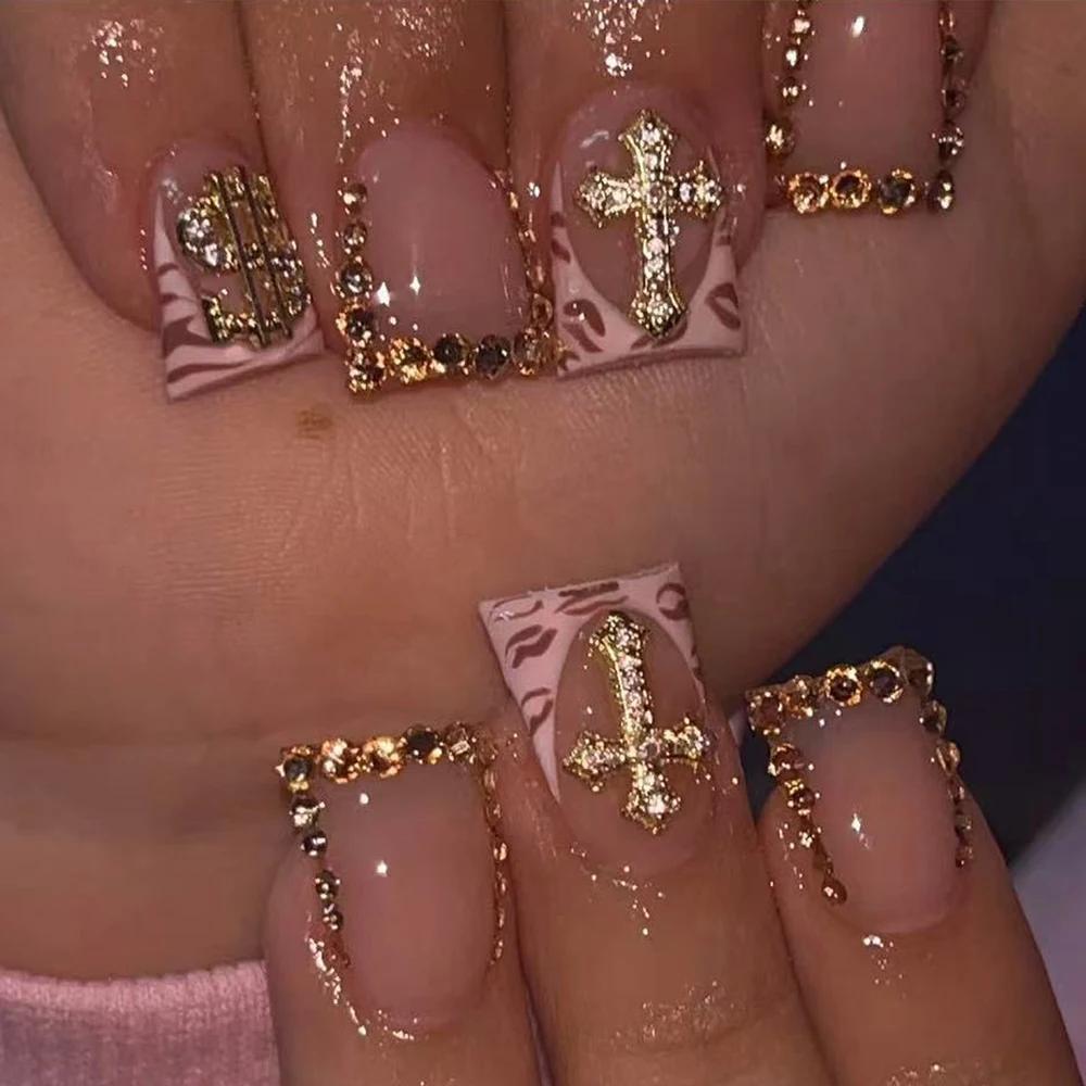 10 pièces diamant français pointu ongles courts carrés ongles nus faux ongles avec paillettes dorées