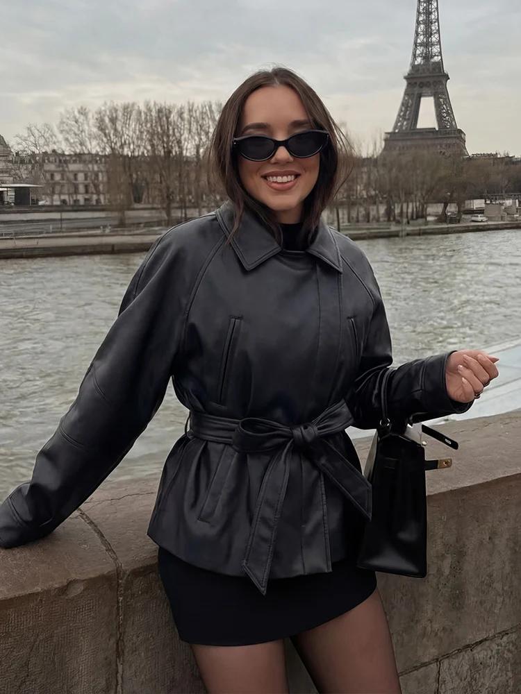 HH Spring Manteau court vintage pour femme en similicuir PU avec ceinture, à manches longues et col