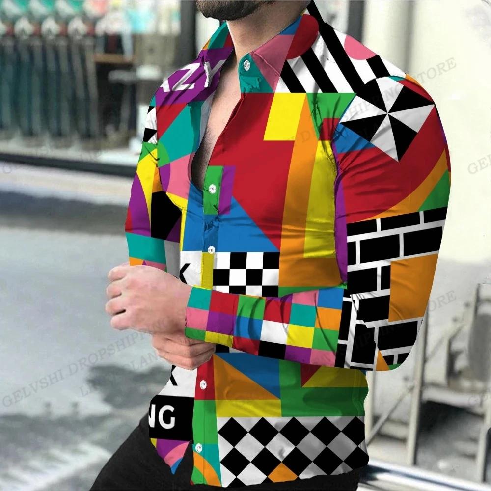 Chemises à thème géométriqueMode pour hommes, chemises décontractées confortables à manches longues,