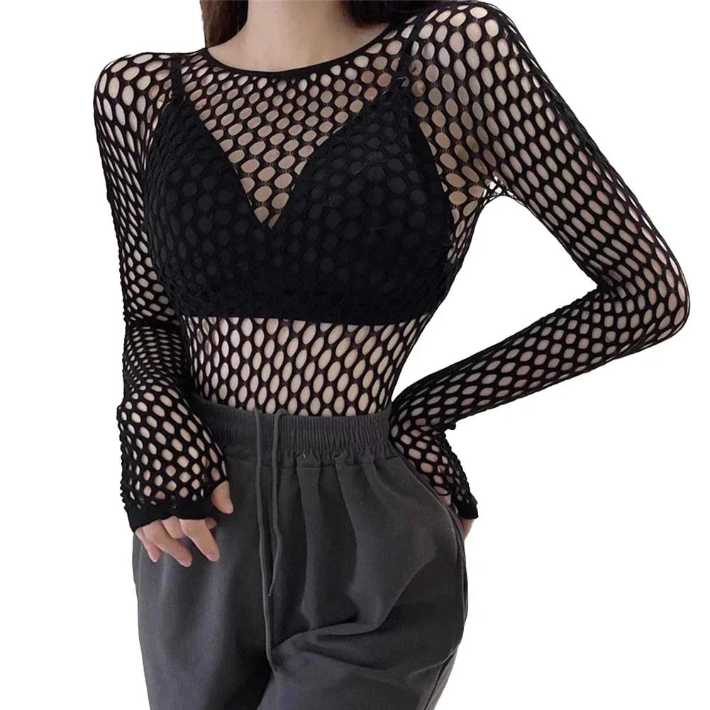 Femmes Sexy maille à manches longues résille hauts amusant mode Slim Fit hauts évider voir à travers