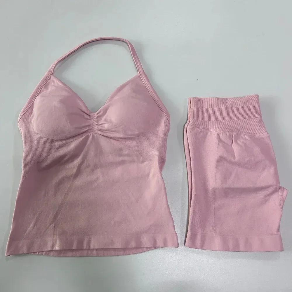 Ensemble de sport 2 pièces pour femme : débardeur dos nu et short taille haute froncé sans couture –
