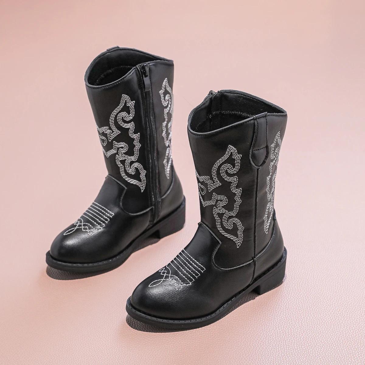 Bottines de Cowboy en PU pour filles, mi-mollet, antidérapantes, fermeture éclair latérale, simples,