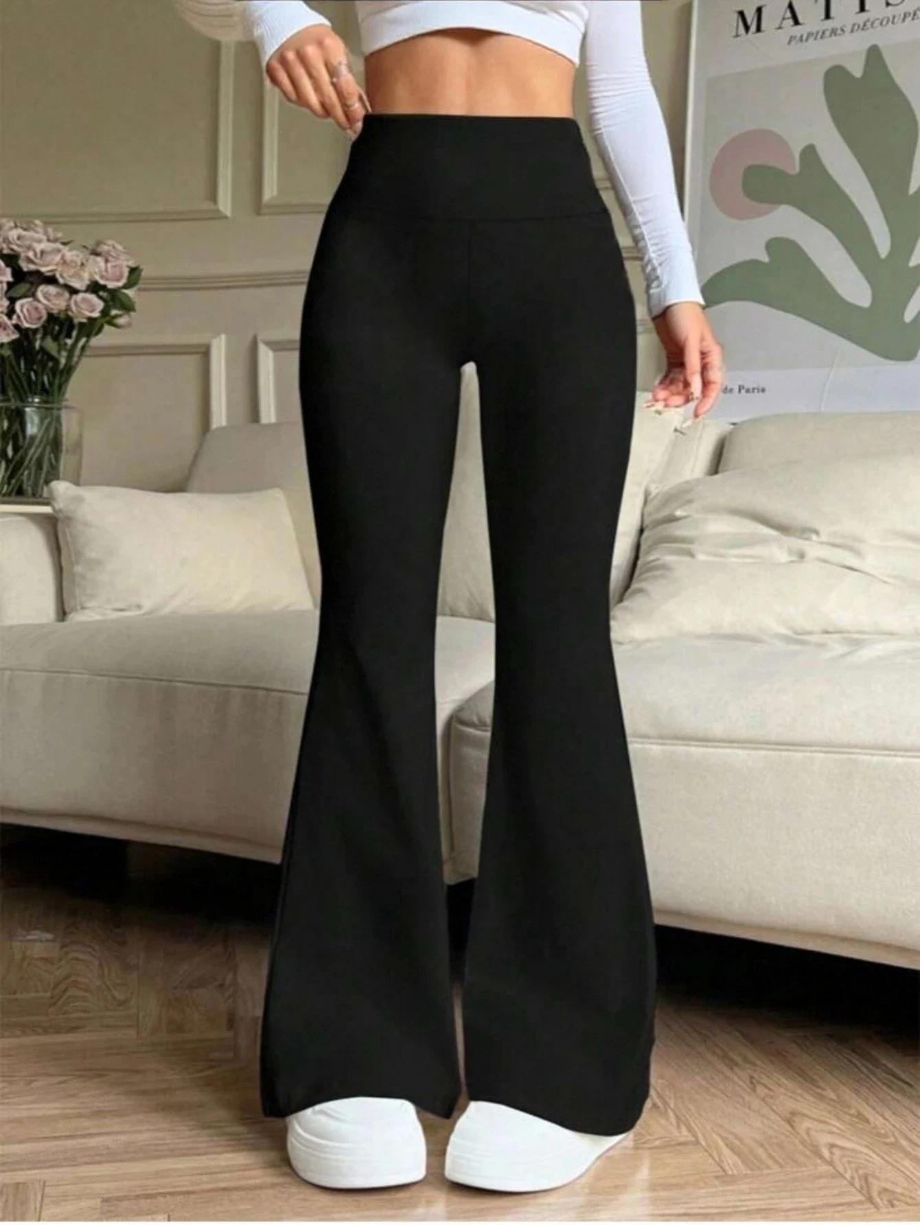 Pantalon évasé noir taille haute pour femmes, extensible, amincissant, décontracté, tendance quotidi