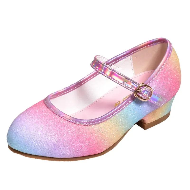 Chaussures de princesse pour filles, chaussures en cuir à paillettes arc-en-ciel, à la mode, pour en