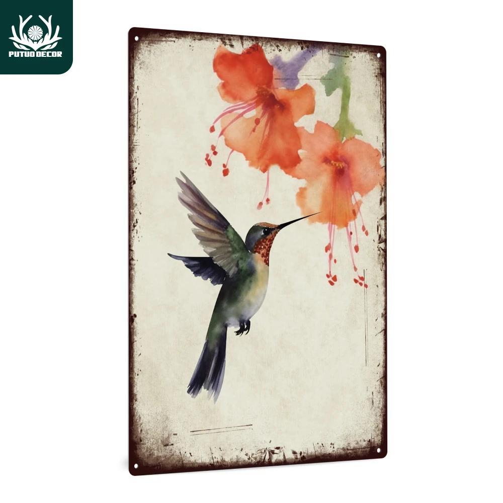 Putuo Decor-Oiseau vintage en métal 18/Sign, champ avec des fleurs sauvages et un oiseau, décor d'ar
