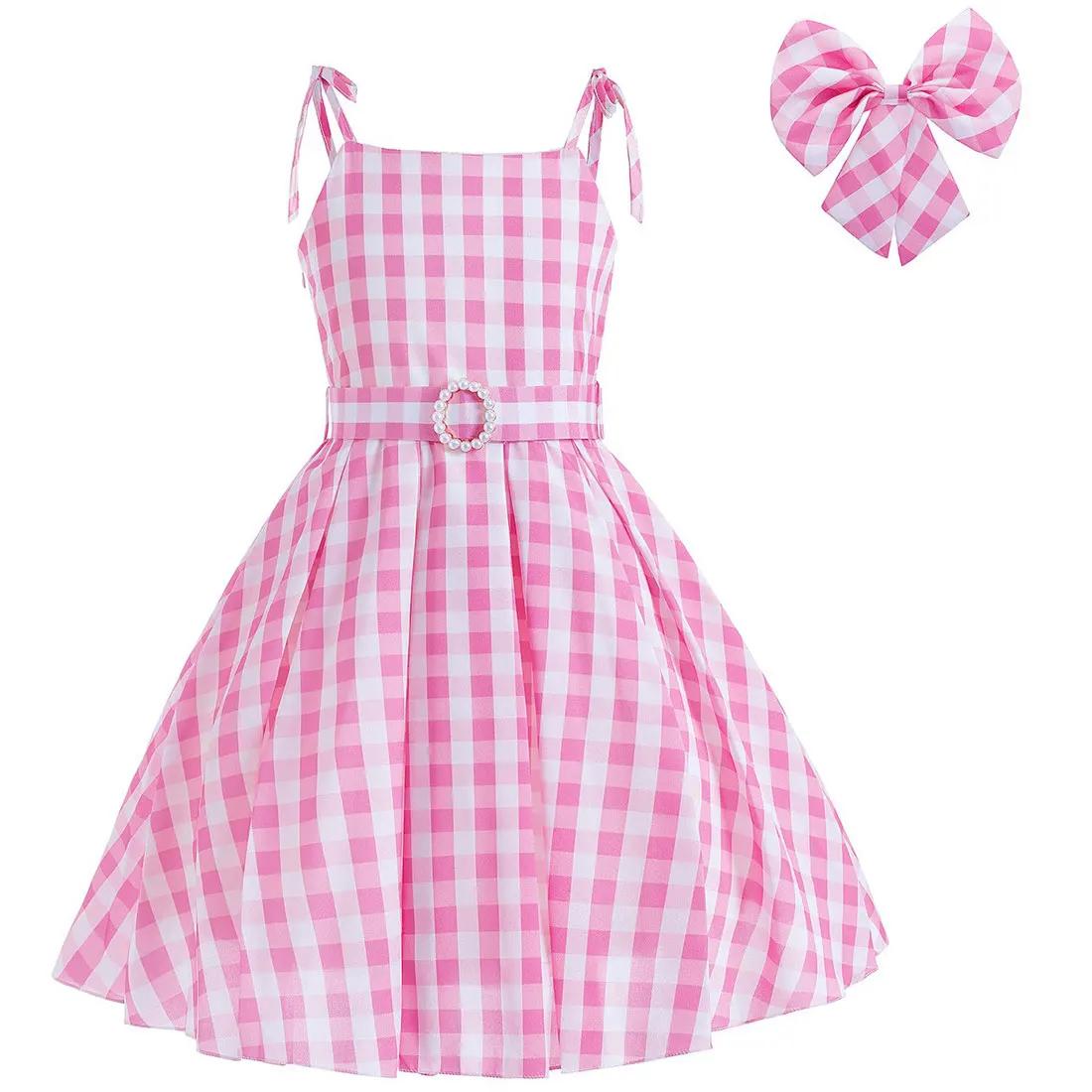 Robe d'été rose bébé sans manches à carreaux et fines bretelles pour fille, style cow-boy, inspirée
