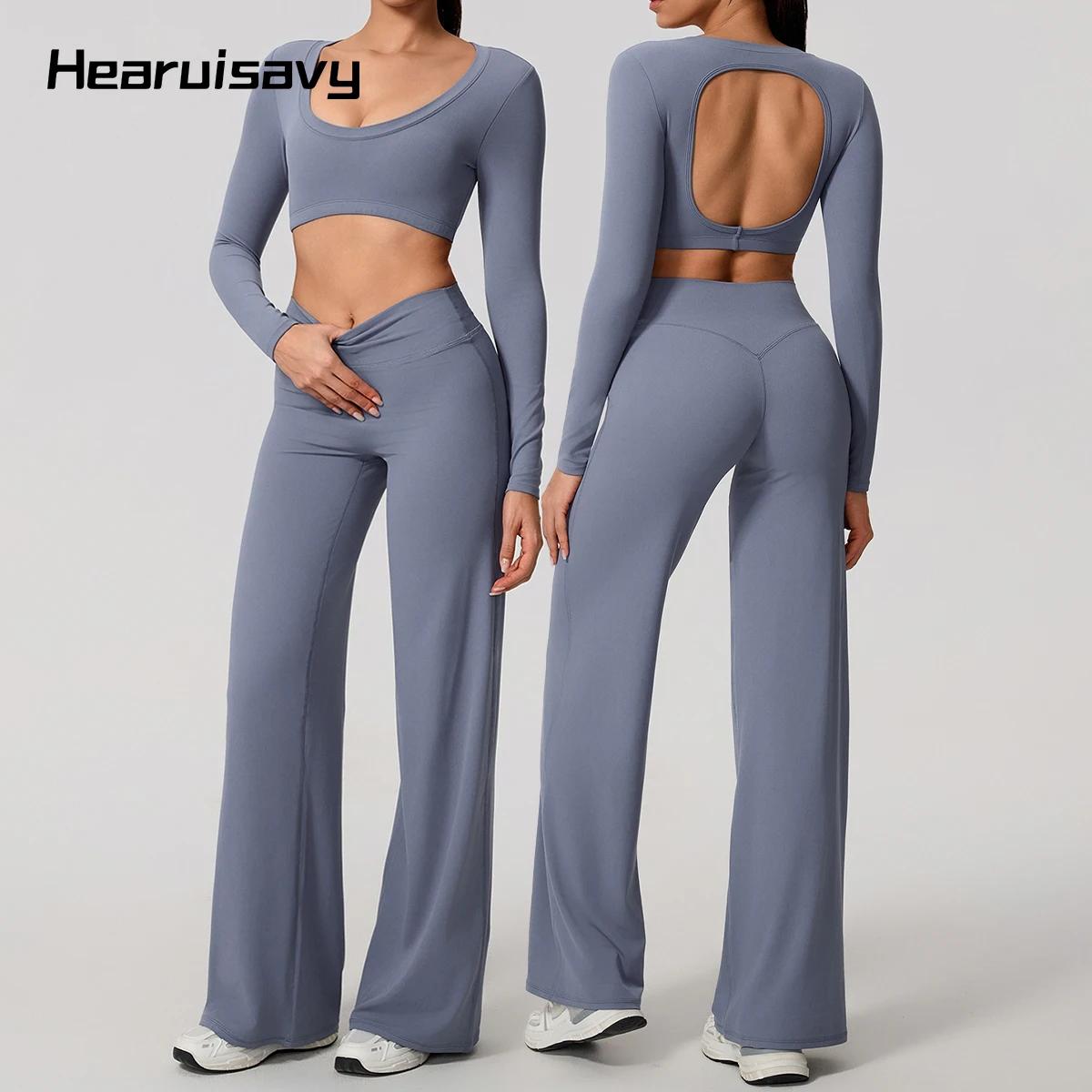 Hearuisavy – ensemble de sport 2 pièces pour femmes, manches longues, dos nu, haut de fitness ajusté
