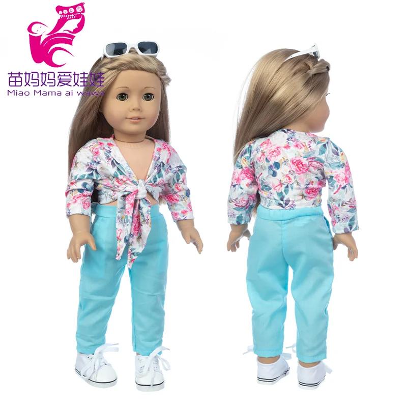 18 pouces fille poupée bleu Blouse cravate un noeud fleur robe bébé poupée vêtements bébé fille cade