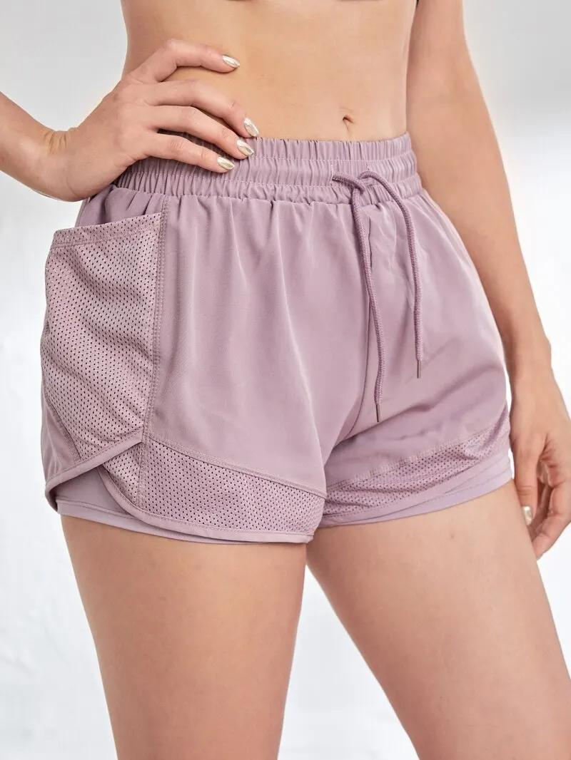 Short de sport élastique pour femmes, short avec poches, faux Leggings de Yoga deux pièces pour cour