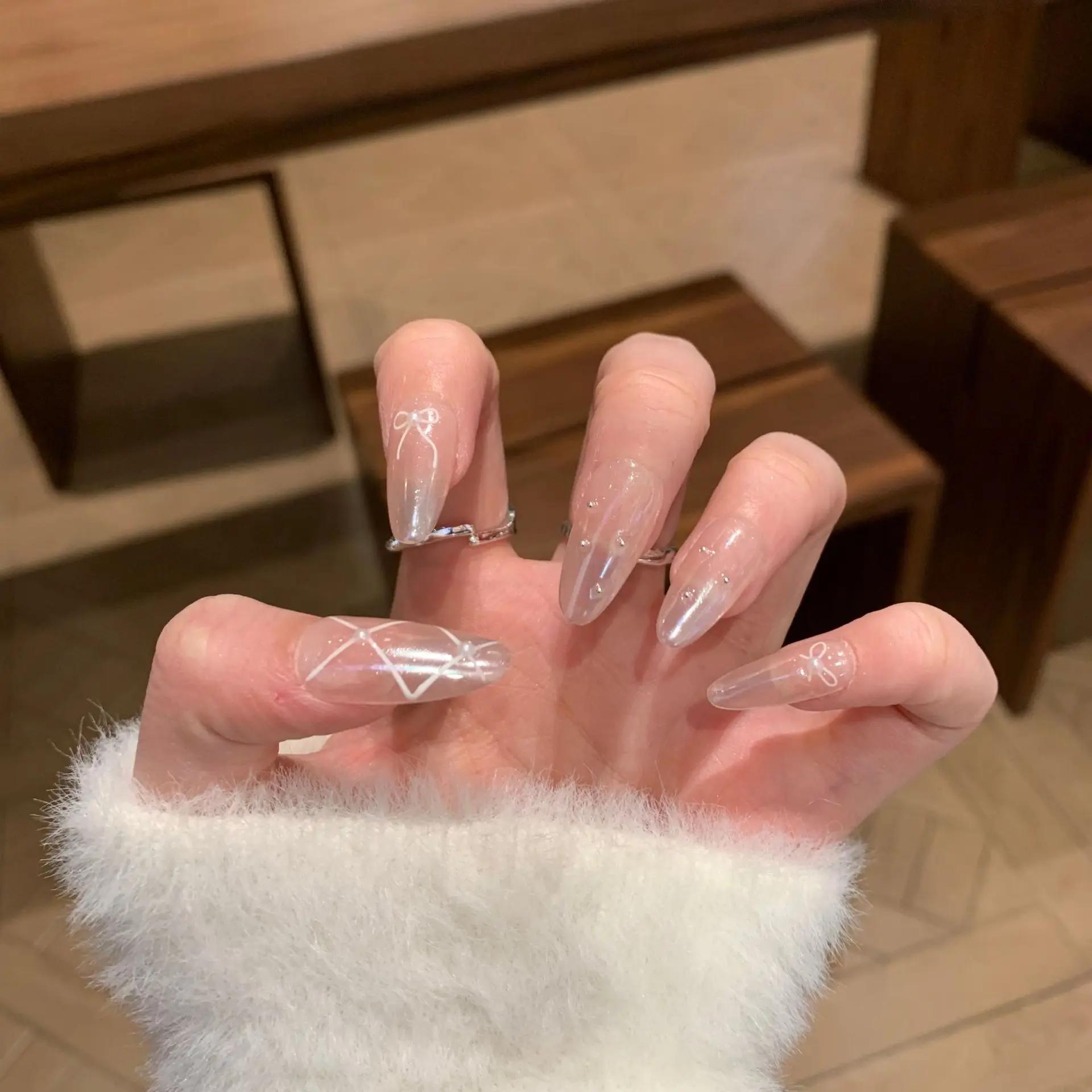 10 pièces violet oeil de chat fait à la main faux ongles conseils paillettes mi-longue ovale presse