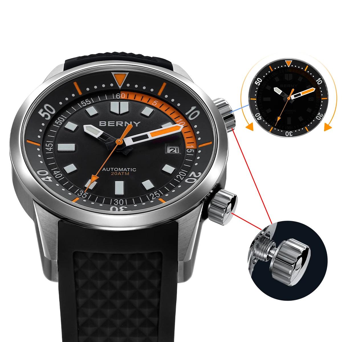 BERNY montres de plongée pour hommes 200M étanche Super lumineux automatique mécanique montre de plo
