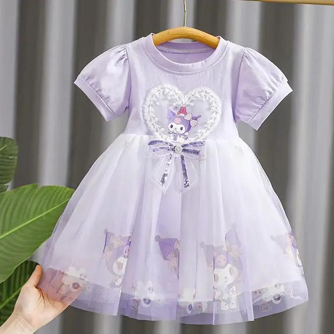 Robe de princesse en maille pour filles, tenue de princesse à manches courtes, motif dessin animé Ku