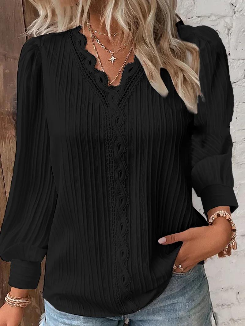 Élégant été dentelle creuse Patchwork femmes chemise Chic Blouse col en V à manches longues chemise