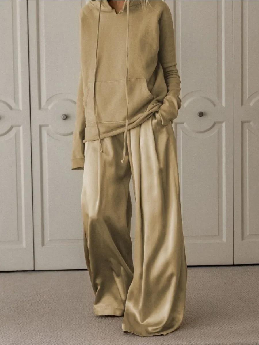 Onecozyday – pantalon taille haute à jambes larges et sweat-shirt à capuche à manches longues, coupe