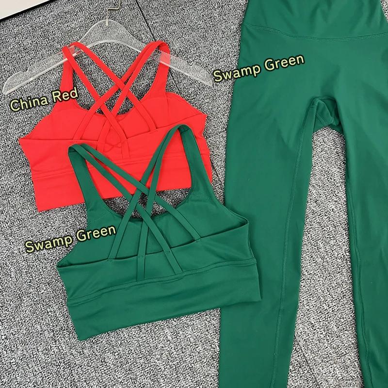 Costume de yoga 2 pièces style Noël, couleur unie, ensemble de fitness, dos croisé, haut de yoga, pa