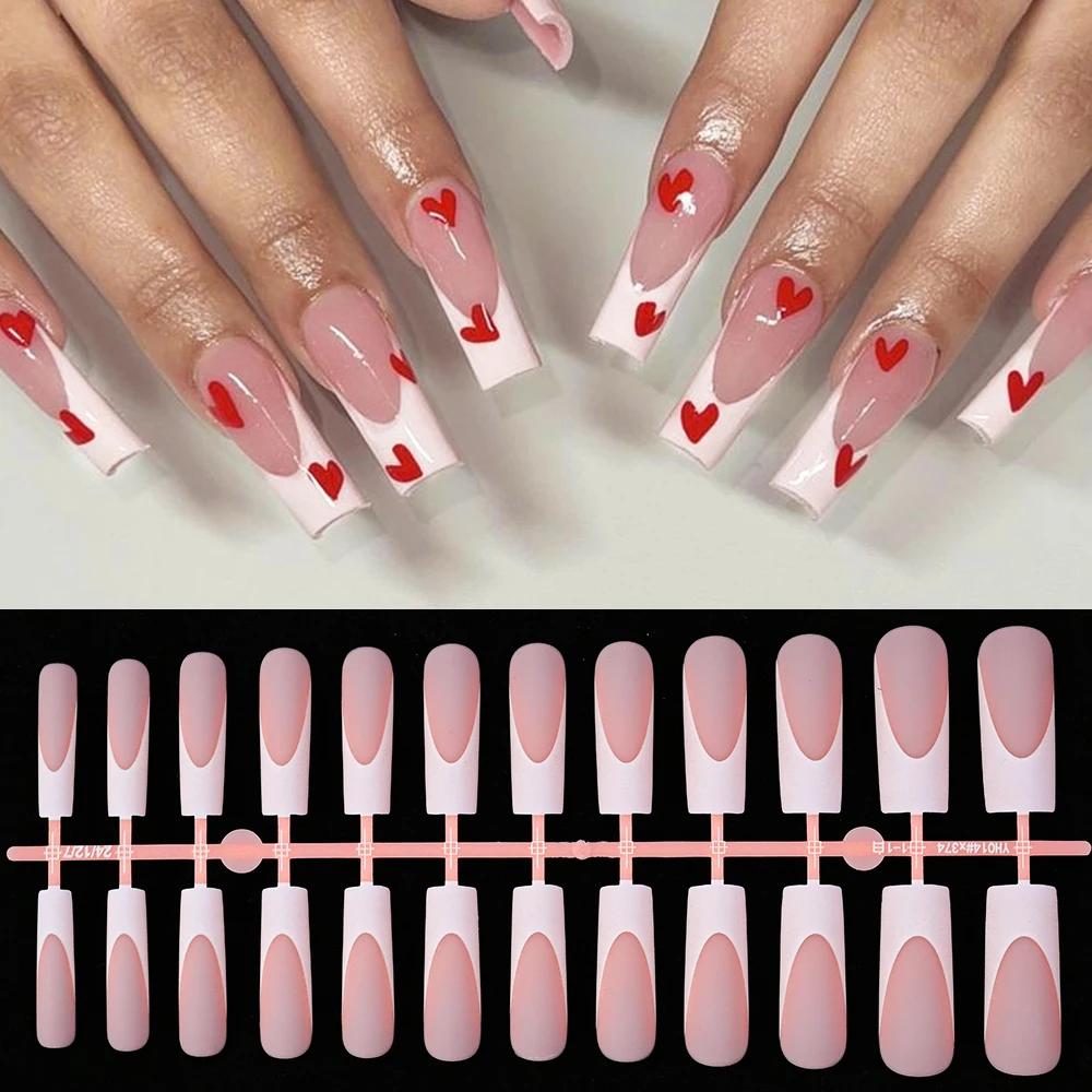 Faux ongles français longs et carrés, bord blanc, cercueil de Ballet portable, couverture complète,