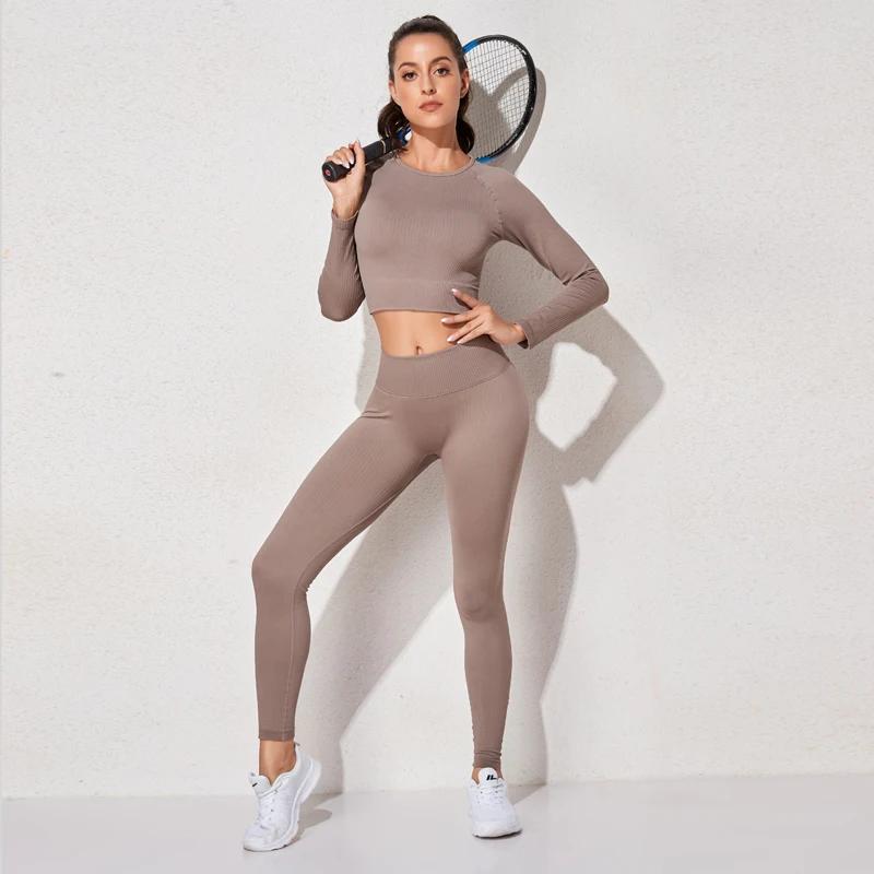 Ensemble yoga femme sans coutures legging brassière haut manches longues fitness