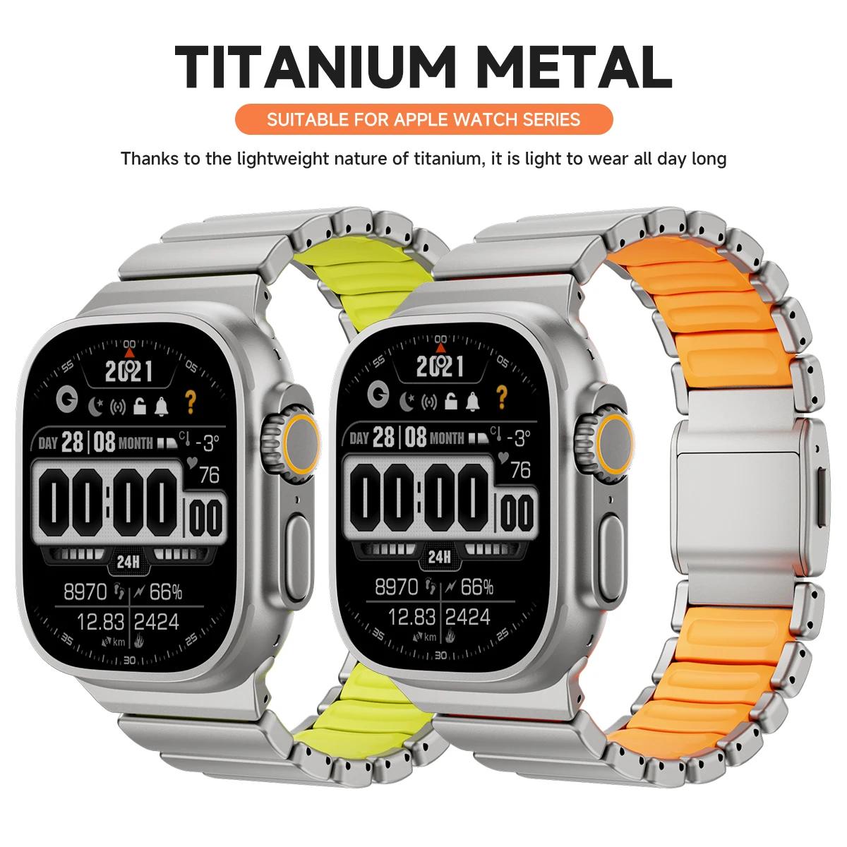 Bracelet en titane + Silicone pour Apple Watch Ultra 3/2/1 49mm S11 46mm, Bracelet magnétique de lux