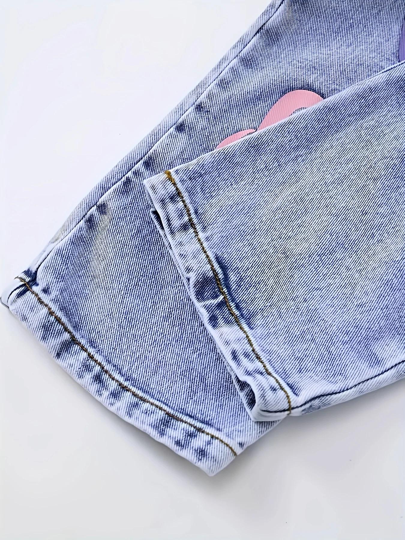Pantalon en denim droit et ample imprimé motif tournesol Y2K pour fille, pantalon à cordon de serrag