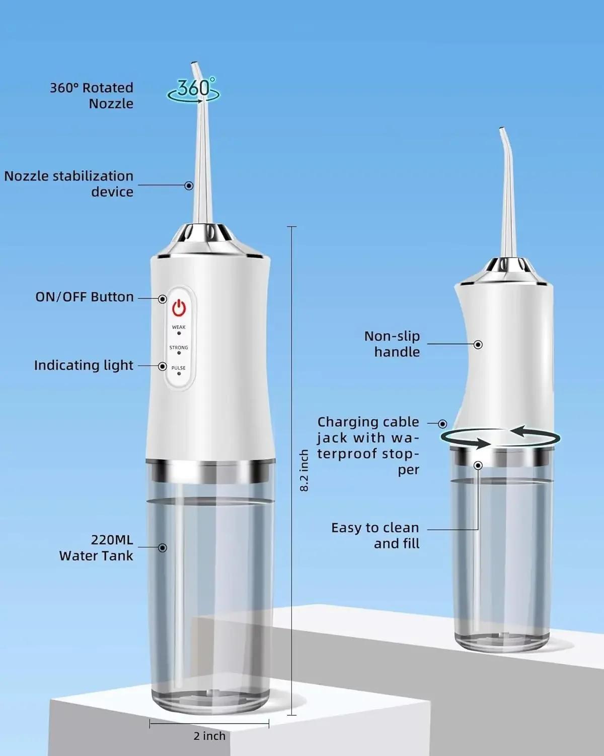 Irrigateur buccal, hydropulseur Portable, cure-dents à Jet d'eau Rechargeable par USB + 4 pointes de