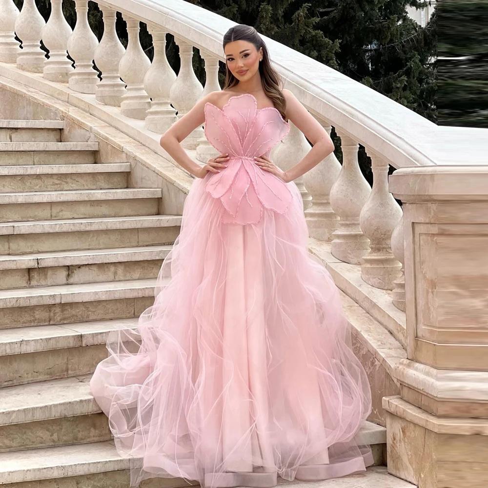 Nouvelle Robe de Bal Rose sans Bretelles à Fleurs, Coupe A-line en Tulle, Robe de Soirée Scintillant