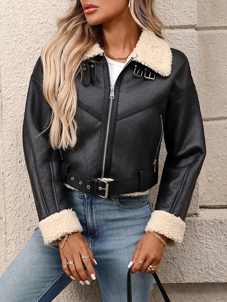 Ailegogo hiver femmes Streetwear fausse fourrure d'agneau veste courte avec ceinture Moto Biker épai