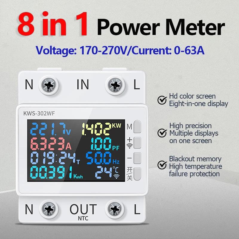 Compteur de puissance 170-270V/63A, écran couleur 8 en 1, voltmètre de puissance d'énergie ca multif