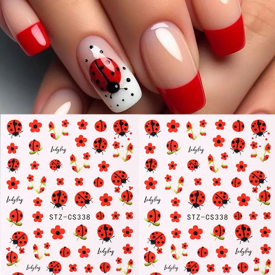 Autocollants pour ongles coccinelle de dessin animé 3D, 2 pièces, pétales rouges d'insecte mignons,