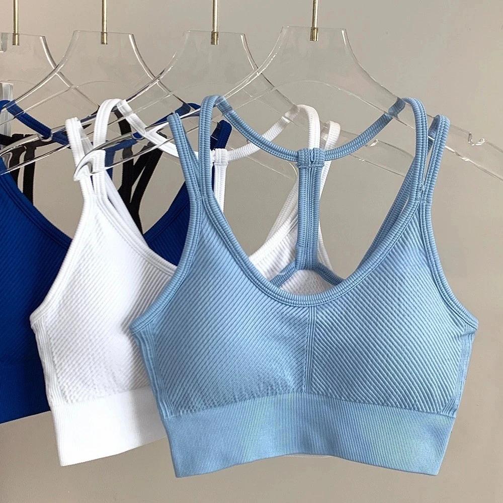 Débardeur de soutien-gorge de sport sans couture, extensible, dos nu, bretelles Spaghetti, avec cous