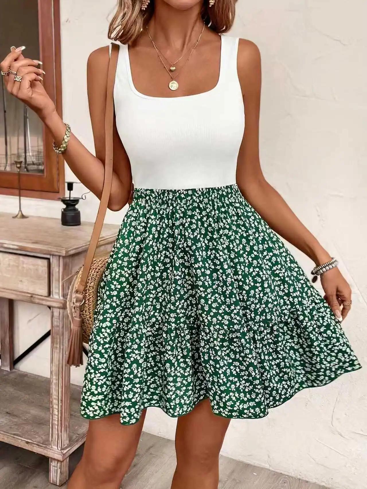 Robe de vacances décontractée imprimée sans manches, col carré, à la mode et élégante, pour femmes,