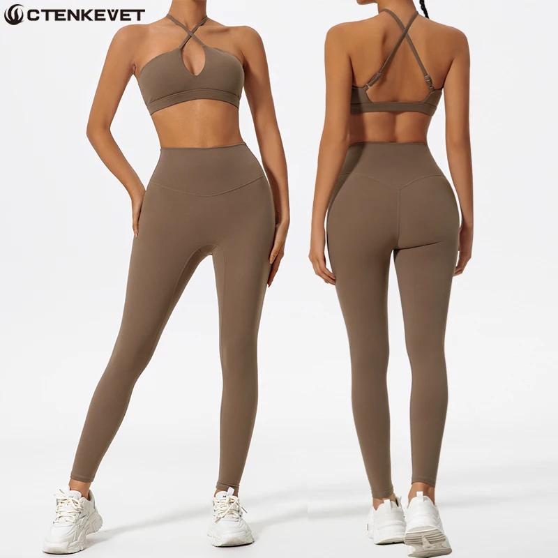 Ensemble sport deux pièces Ctenkevet pour femmes - Soutien-gorge bandeau croisé et leggings yoga gym