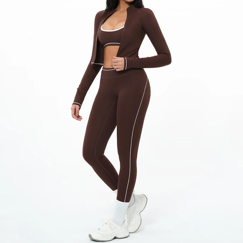 Ensemble de yoga 3 pièces avec fermeture éclair, tenue de sport d'extérieur, survêtement de gym pour