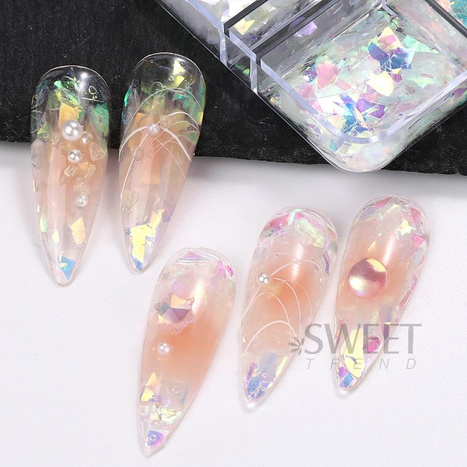 6 grilles AB irisé ongles paillettes flocons irrégulier aurore étincelle paillettes cristal verre fé