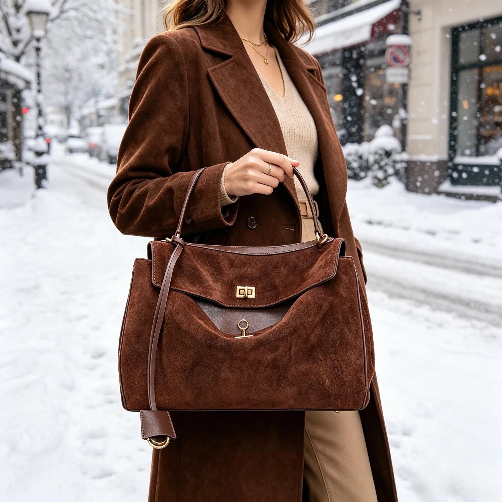 Sac à main en daim et cuir véritable pour femmes, sac à bandoulière de grande capacité, fourre-tout