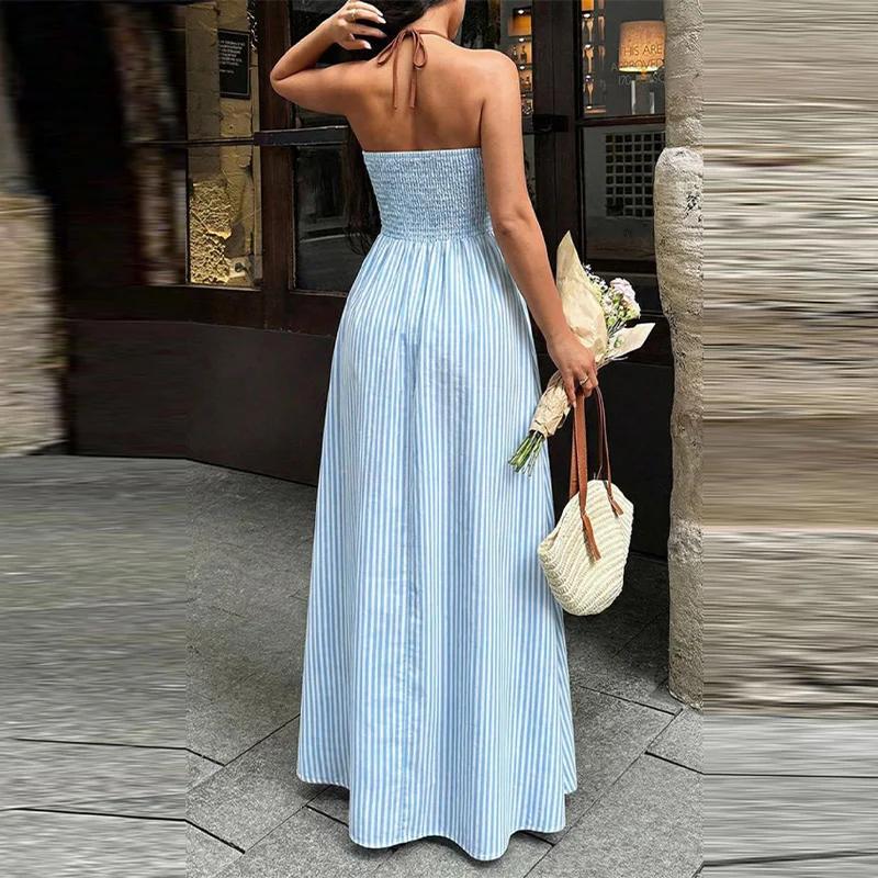 Robe longue femme rayée bleue et blanche, col halter, été 2026, décolleté plongeant, dos nu, taille