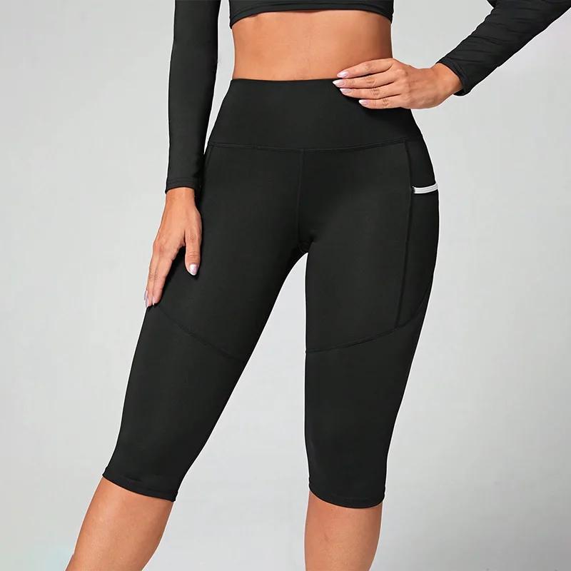 Leggings capri femme taille haute avec poches - Pantalon de yoga contrôle ventre entraînement fitness