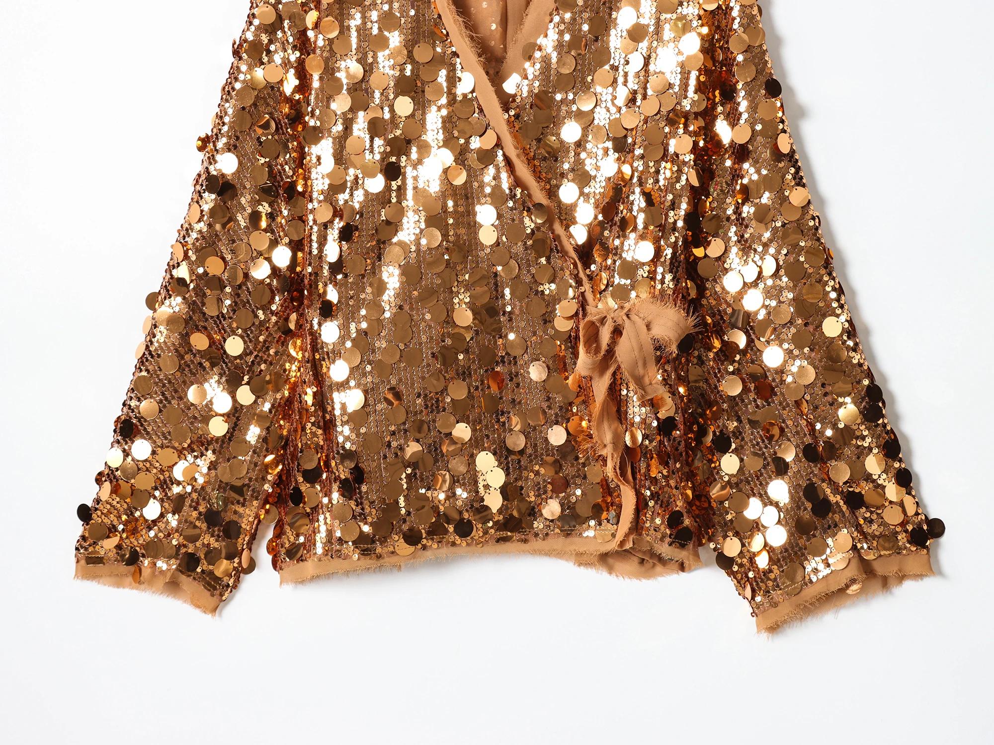 Mode à lacets paillettes Patchwork Kimono femmes Chic col en V manches longues veste ample automne n