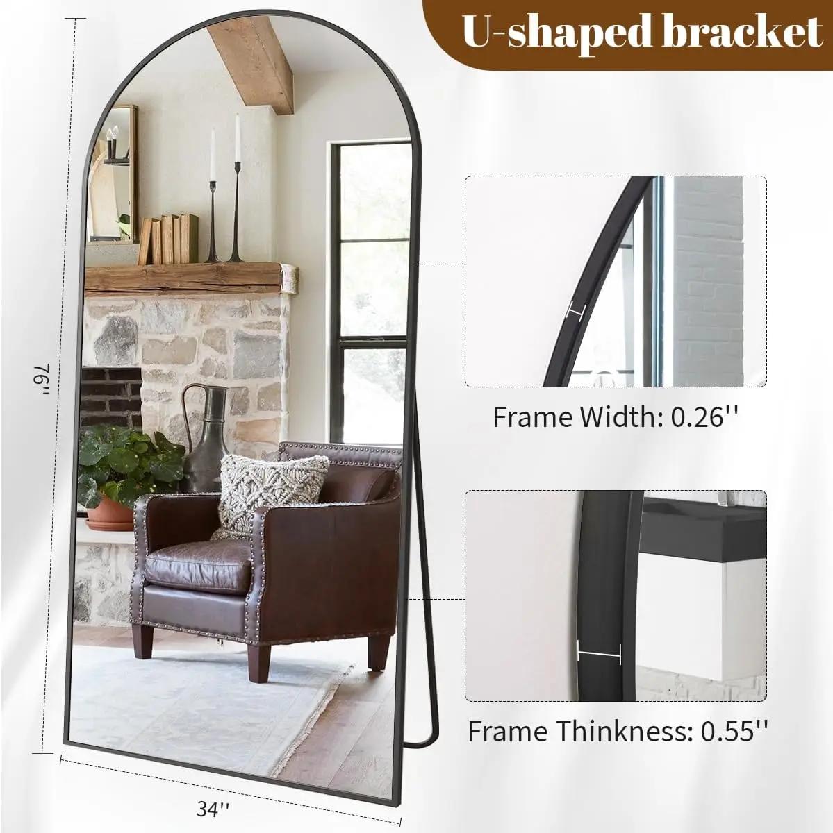 Miroir pleine longueur arqué, grand miroir de sol avec cadre en alliage d'aluminium, miroir sur pied