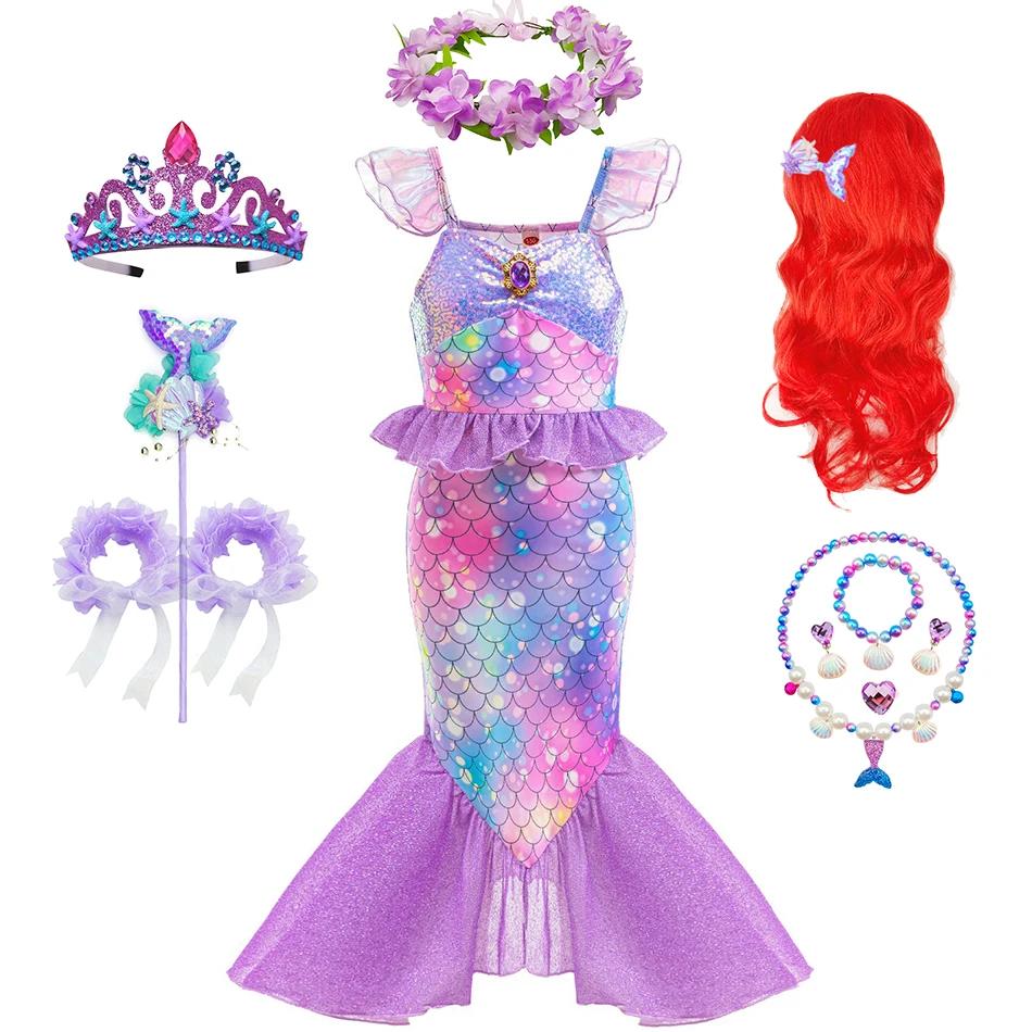 Robes de princesse sirène violettes pour filles, imprimé à motifs de poisson, Costume queue de poiss