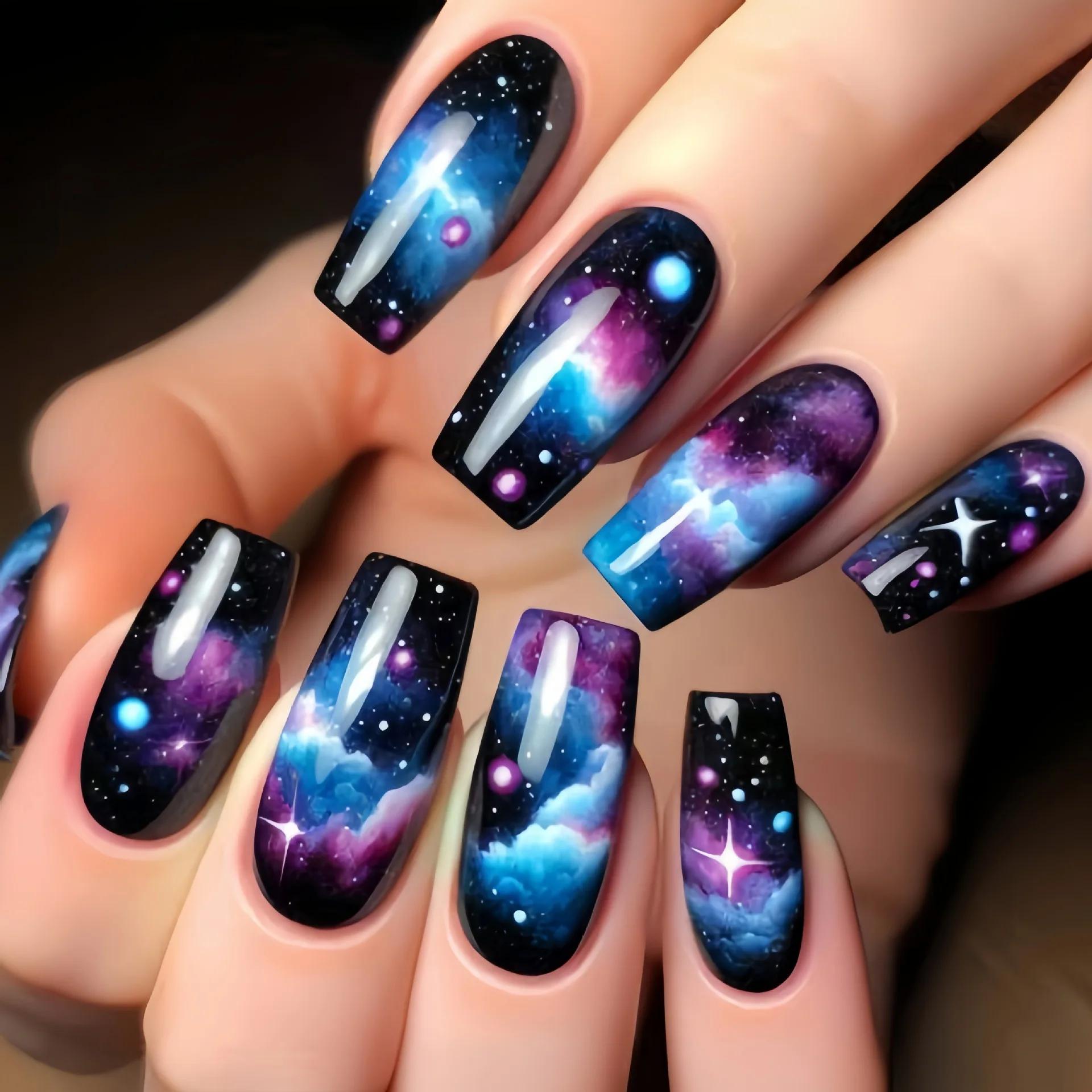 Faux ongles carrés longs moyens pour femmes, 24 pièces/ensemble, nickel é ciel étoilé, noir, bleu, v