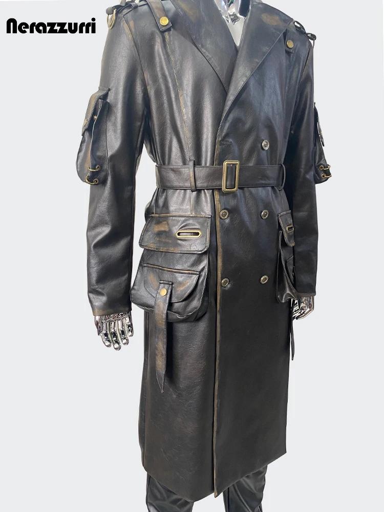 Nerazzurri printemps automne Cool Long imperméable en détresse noir Pu cuir Trench manteau hommes ce