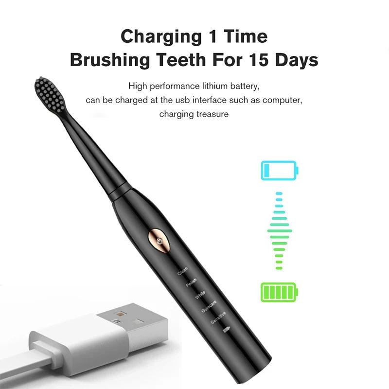 Brosse à dents électrique, Mode 5 vitesses, chargement USB, 4 couleurs, étanche IPX7, ultrasonique,